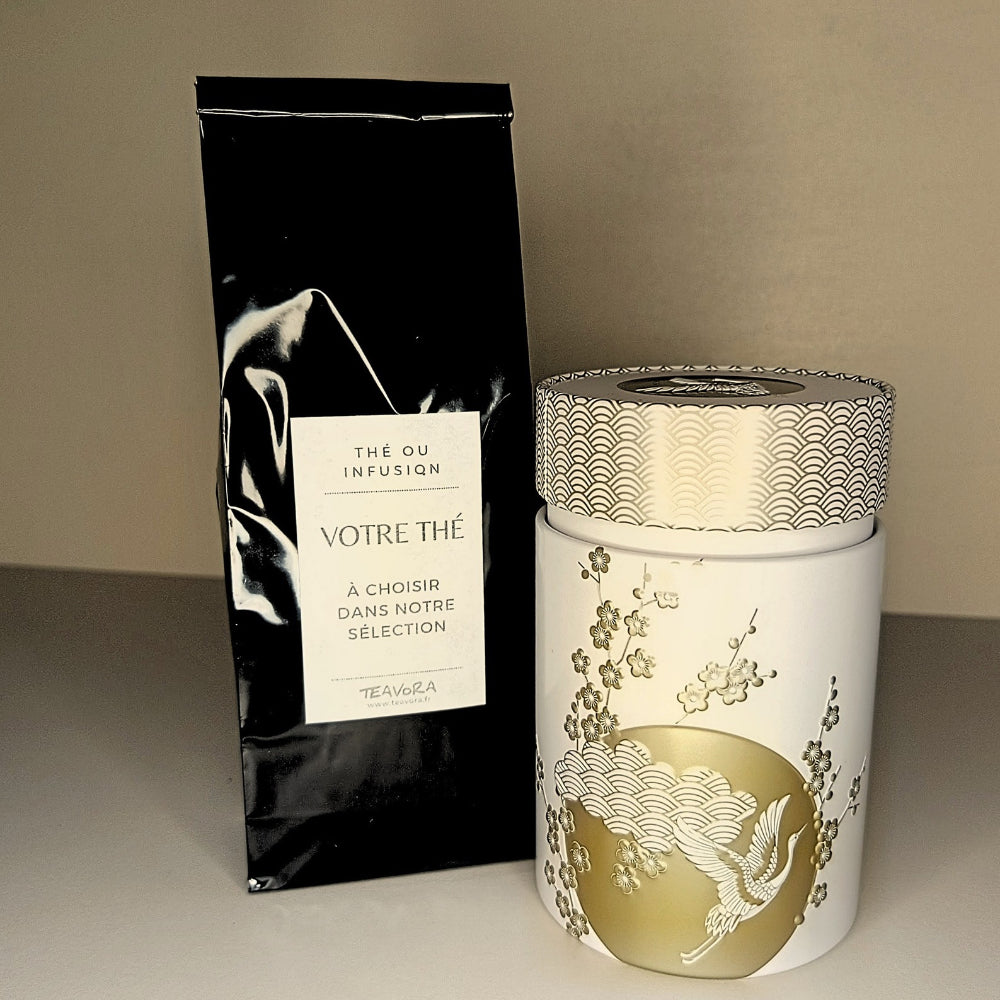 Coffret cadeau Teavora : boîte à thé en métal et un sachet de thé de 100 g au choix