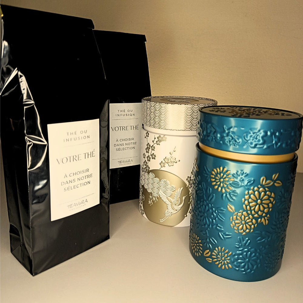 Coffret cadeau Teavora : deux boîtes à thé hermétiques de 150 g et deux sachets de thé de 100 g au choix