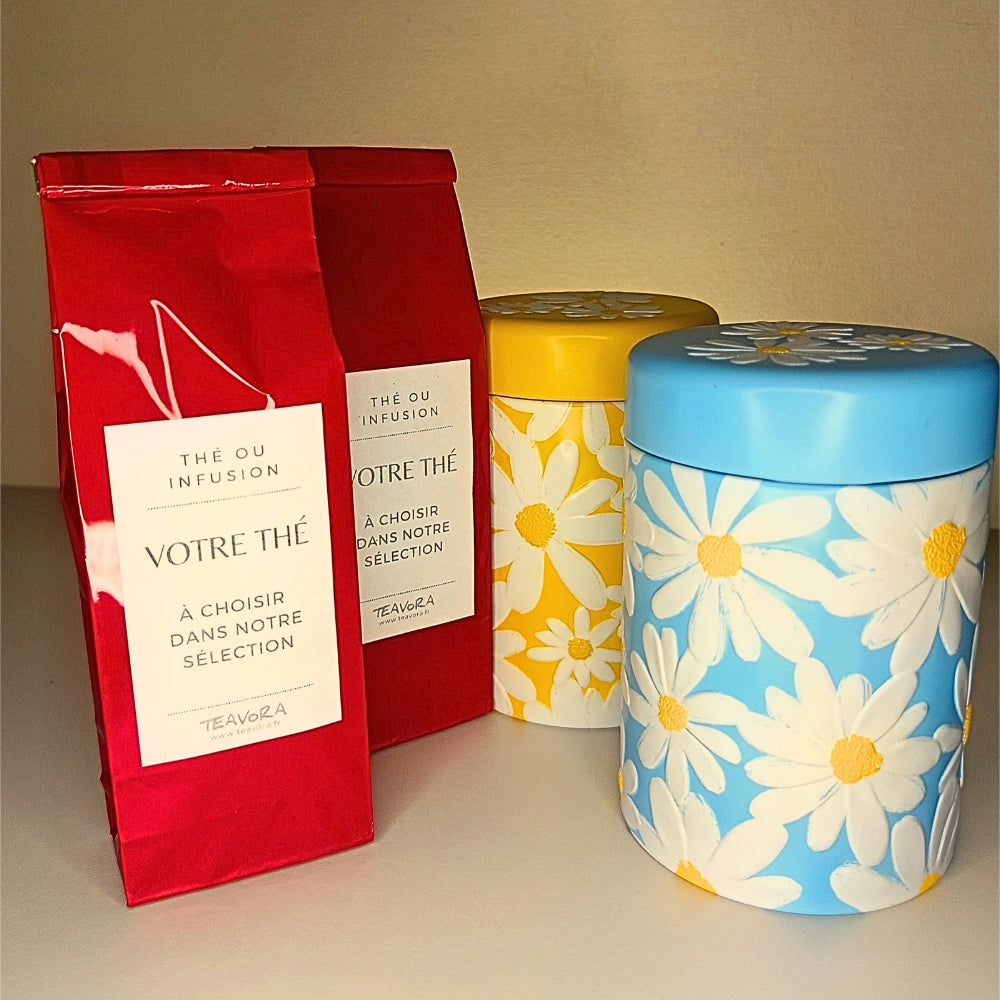 Coffret cadeau Teavora : deux boîtes à thé Daisy, bleue et jaune, et deux sachets de thé de 50 g au choix