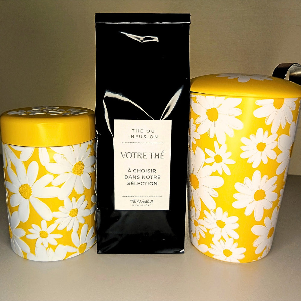 Coffret cadeau Teavora : boîte à thé et tisanière Daisy jaunes, avec le thé de votre choix