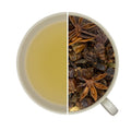 Tasse d'infusion et vrac d'infusion fruits et épices ORIENTAL T, datte, raisin, gingembre, cannelle, badiane, vanille, goût réglisse.