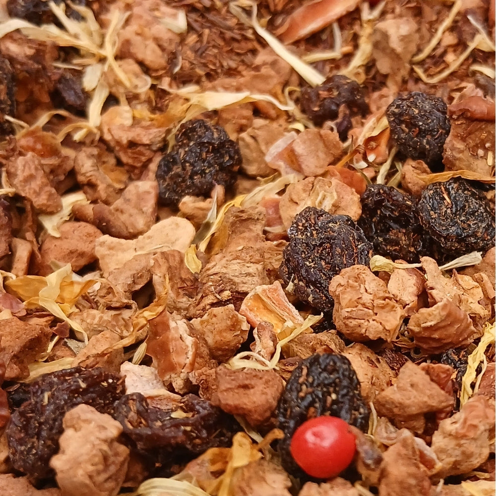 Infusion de fruits Pêche de Vigne Teavora en vrac : pêche, rooibos, pomme, raisin, poivre rose — pour l'été