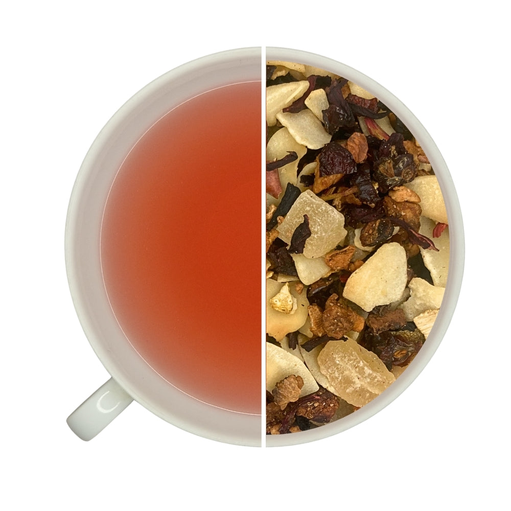 Tasse d'infusion vrac d'infusion fruitée PIÑA COLADA, Teavora, pomme, ananas, coco, hibiscus, orange, idéal glacé en été.