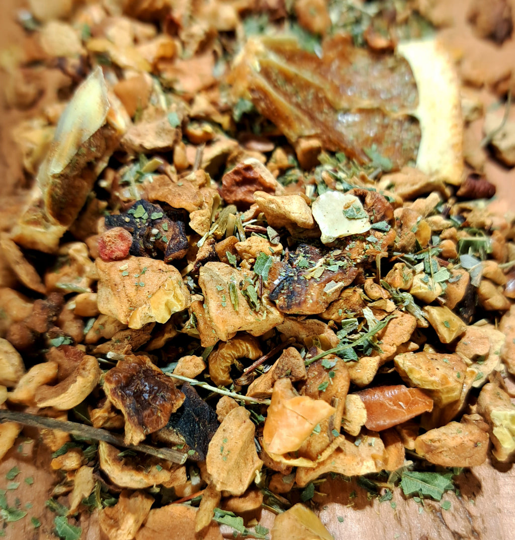 Sachet vrac de rooibos vert Tisane des Elfes, Teavora, pomme verveine orange mûre et cassis, goût agrumes pour toute la famille.