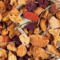 Sachet vrac d'infusion fruitée Summer Sun, Teavora, pomme, pêche, ananas, abricot, betterave rouge, myrte citronnée, citronnelle, passiflore, baie de goji, chili, fleurs d'immortelle, à boire glacé.