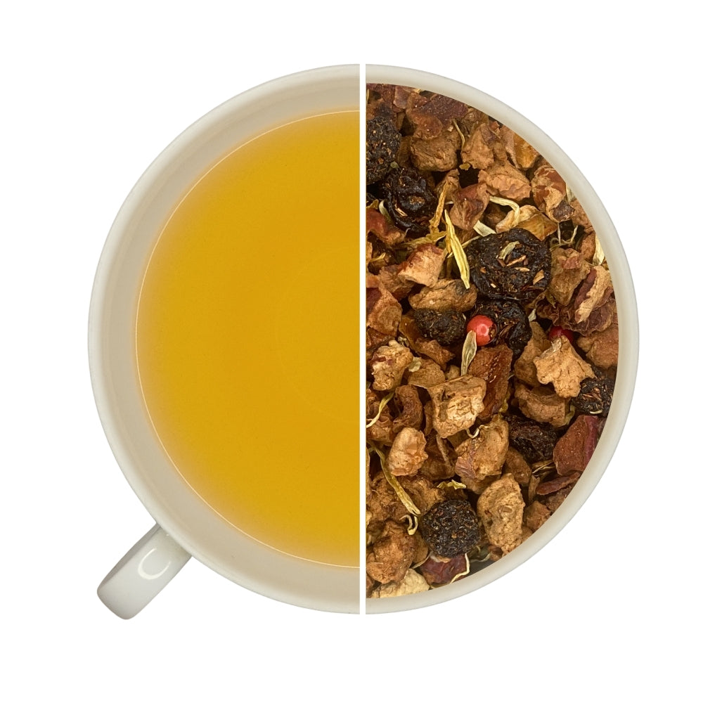 Tasse d'infusion et vrac d'infusion Pêche de Vigne, Teavora, pêche, rooibos, pomme, raisin, carotte, poivre rose, idéale glacée en été.