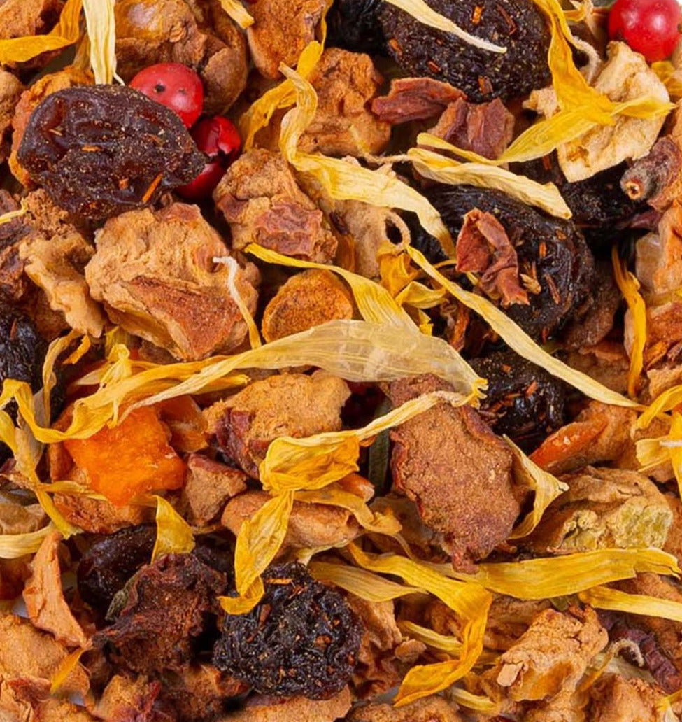 Sachet vrac d'infusion Pêche de Vigne, Teavora, pêche, rooibos, pomme, raisin, carotte, poivre rose, idéale glacée en été.