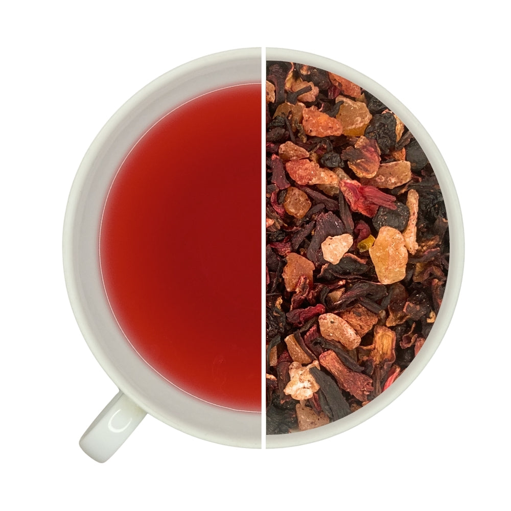 Tasse d'infusion et vrac d'infusion fruits rouges sans théine Kir Royal Teavora, hibiscus cassis et papaye, parfaite pour la famille.