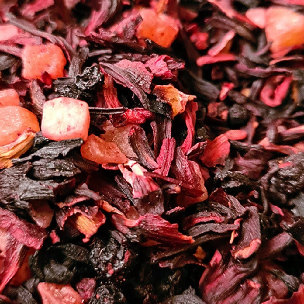 Sachet d'infusion fruits rouges Kir Royal Teavora, hibiscus cassis et papaye, parfaite pour toute la famille, été comme hiver.