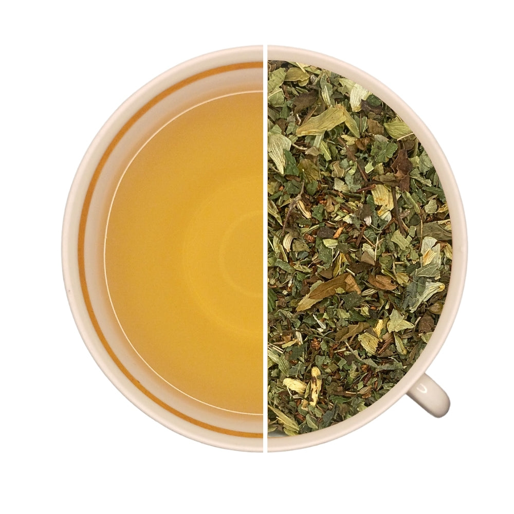 Tasse d'infusion et vrac d'infusion de plantes GOOD NIGHT, rooibos, tulsi, mélisse, verveine, citron, anis, idéale pour le soir et le sommeil.