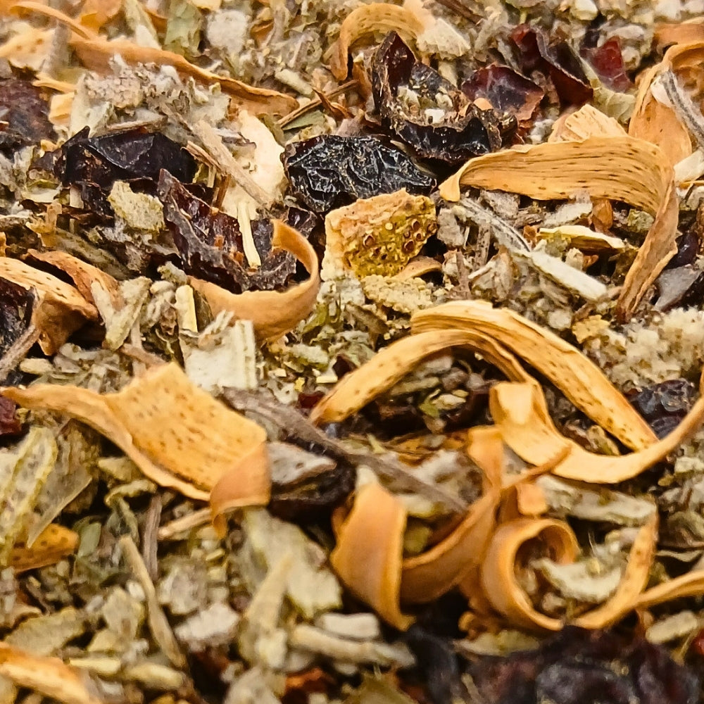 Sachet d'infusion Sérénité Teavora, églantier, sauge, mélisse, oranger, poire, mandarine, idéale pour la détente et le soir.