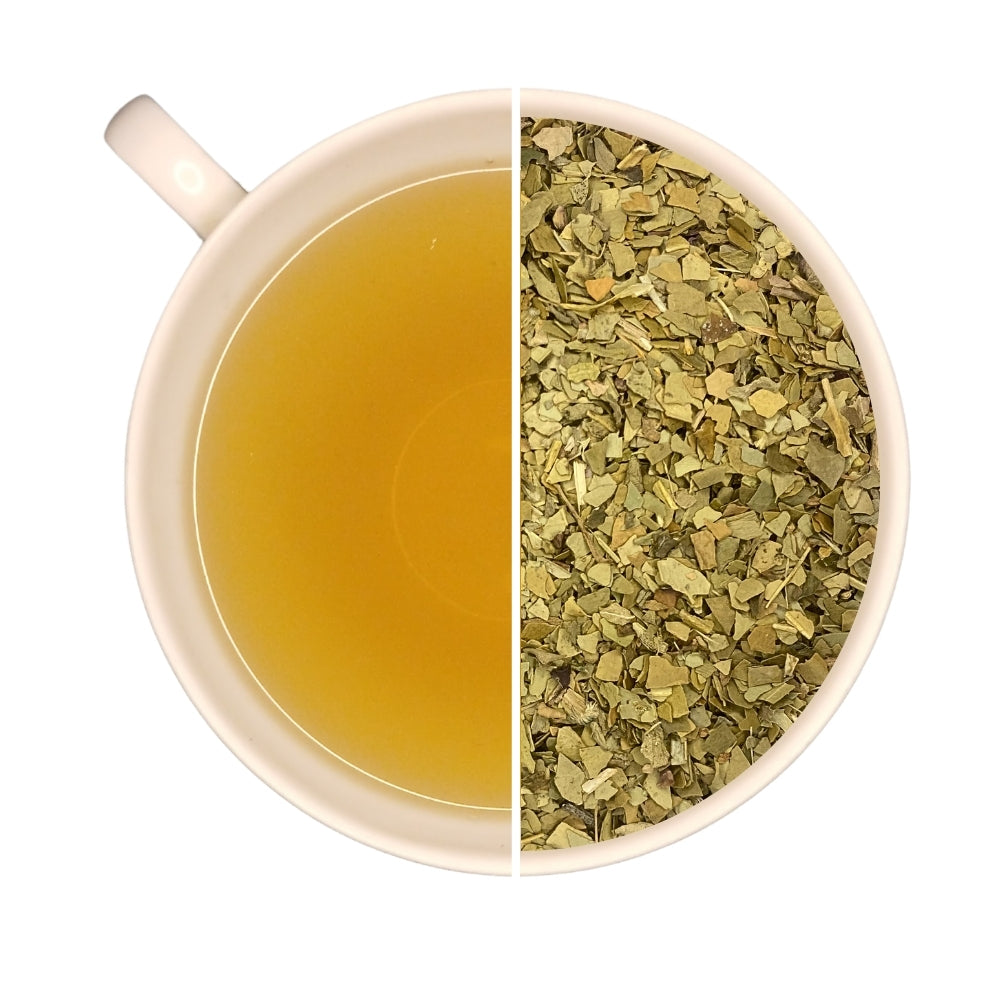 Tasse de maté infusé et vrac de maté vert aromatisé ESCALE À BOGOTA, fève tonka, citron, cerise, basilic.