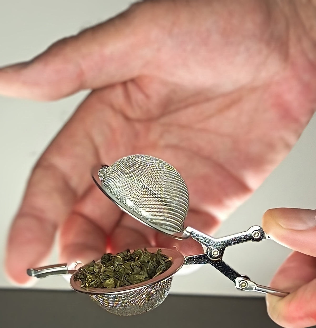 Pince à thé en inox ouverte, remplie de feuilles de thé en vrac, diamètre 45 mm — Teavora