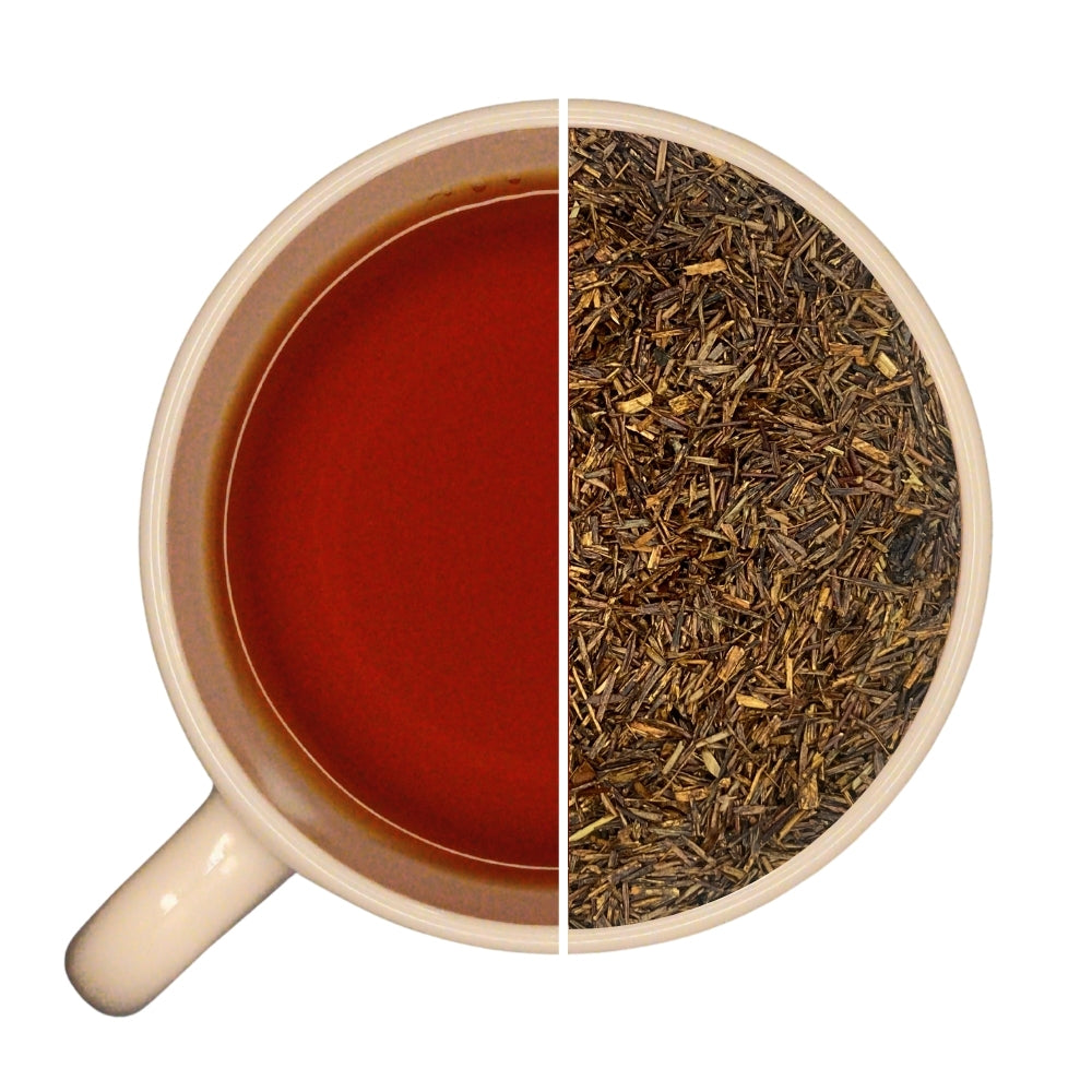 Tasse de rooibos et vrac de rooibos HOMMAGE À HOKUSAÏ, cerise, pétales de rose blanche, sans théine.