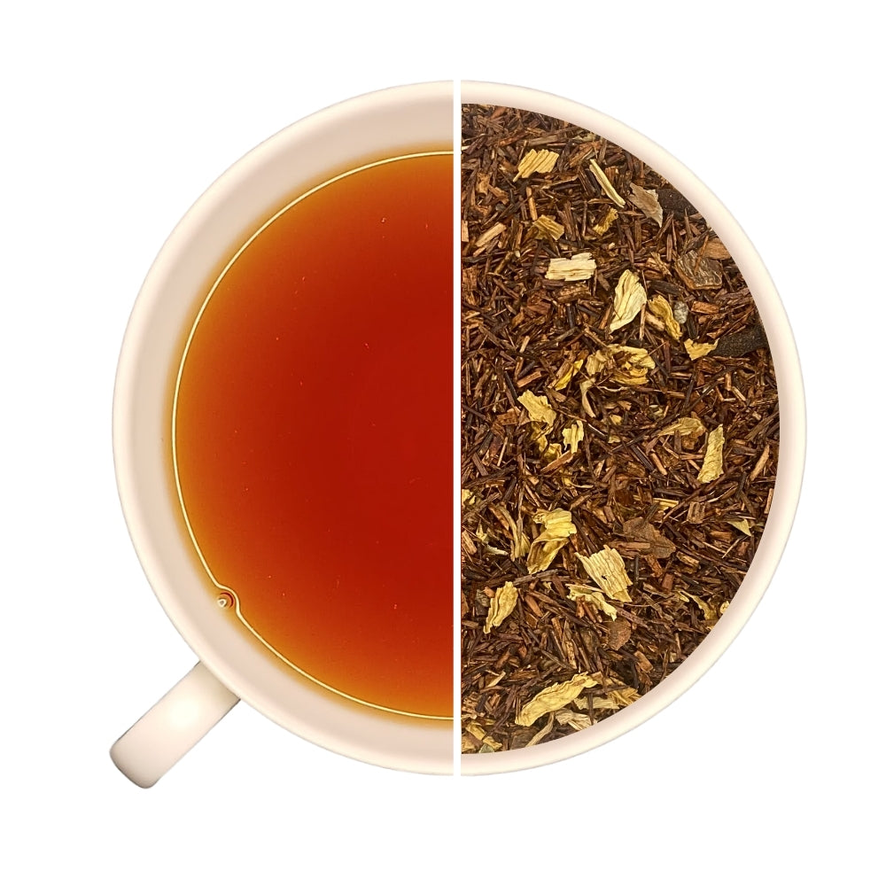 Tasse de rooibos et vrac de ROOIBOS AUX ÉPICES, cardamome, cannelle, girofle, vanille, orange, sans théine.