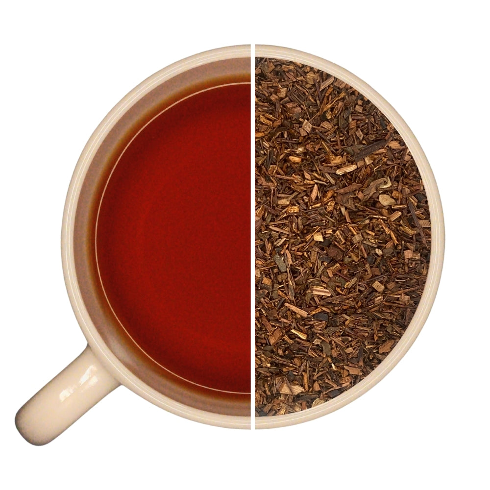 Tasse de rooibos et vrac de rooibos et lapacho bios RIVIÈRE DE FEU poivre, framboise, sans théine.