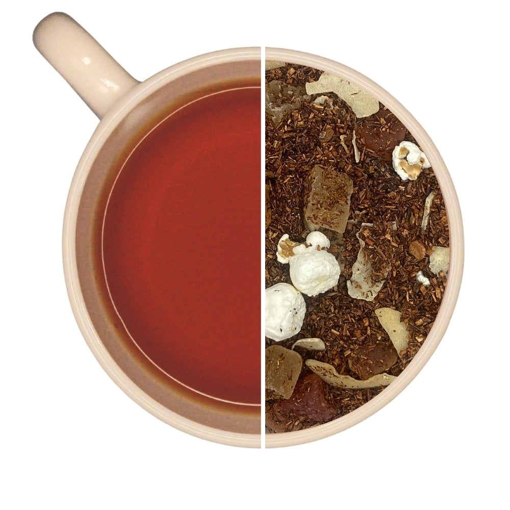 Tasse de rooibos et vrac de rooibos NUAGE D'AMANDES, amandes grillées, ananas, papaye, cannelle, coco, popcorn, sans théine.
