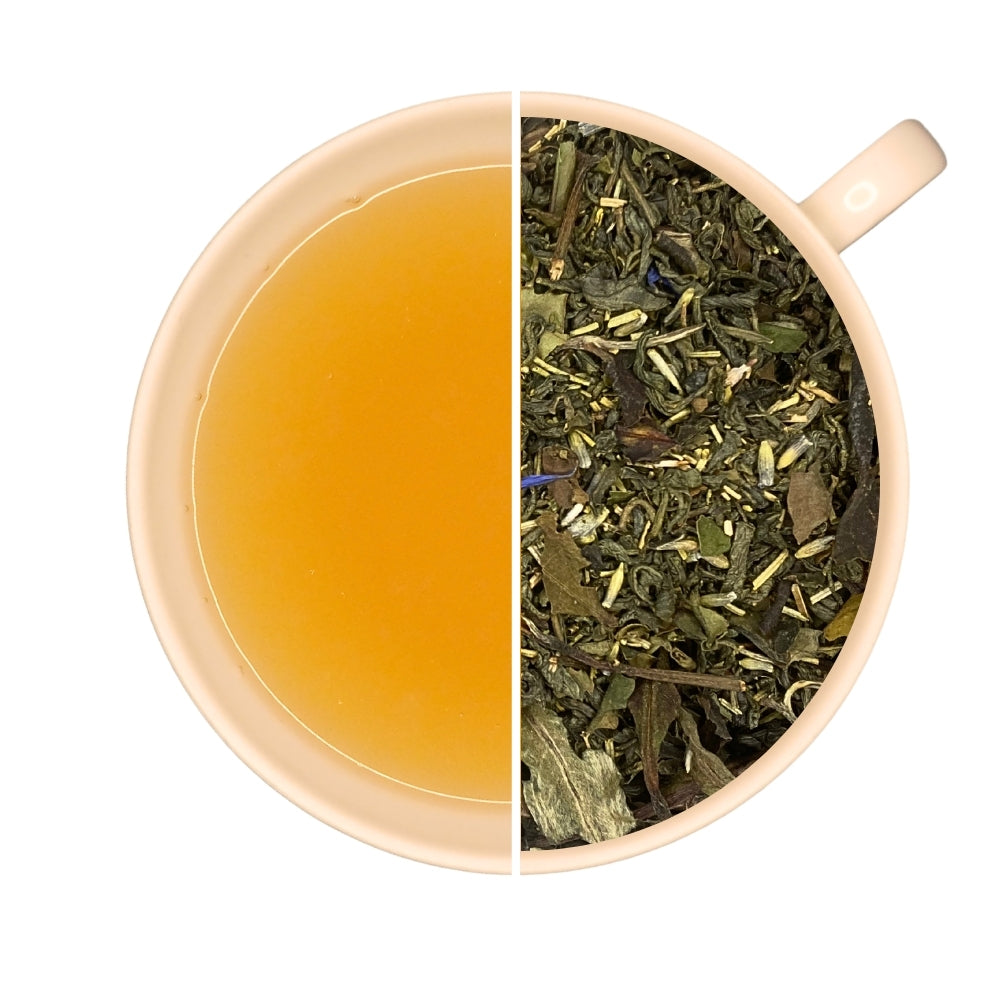 Tasse de th infusé et vrac de thé blanc bio PANIER FLEURI, romarin, lavande, citron, fleur de bleuet.