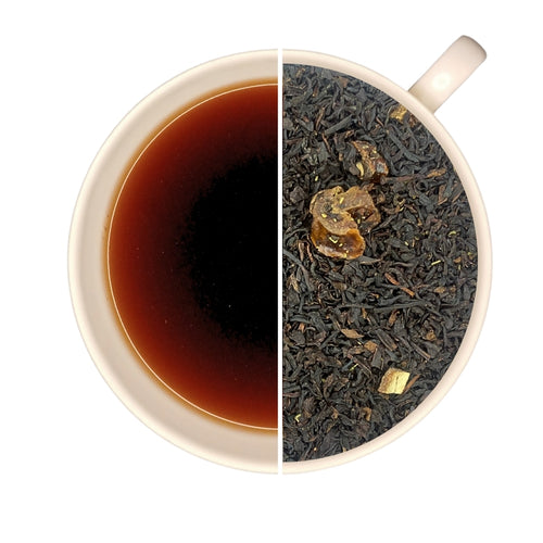Tasse de thé infusé et vrac de thé noir AU COEUR DU VIGNOBLE, datte, raisin, griotte, noix, stevia.