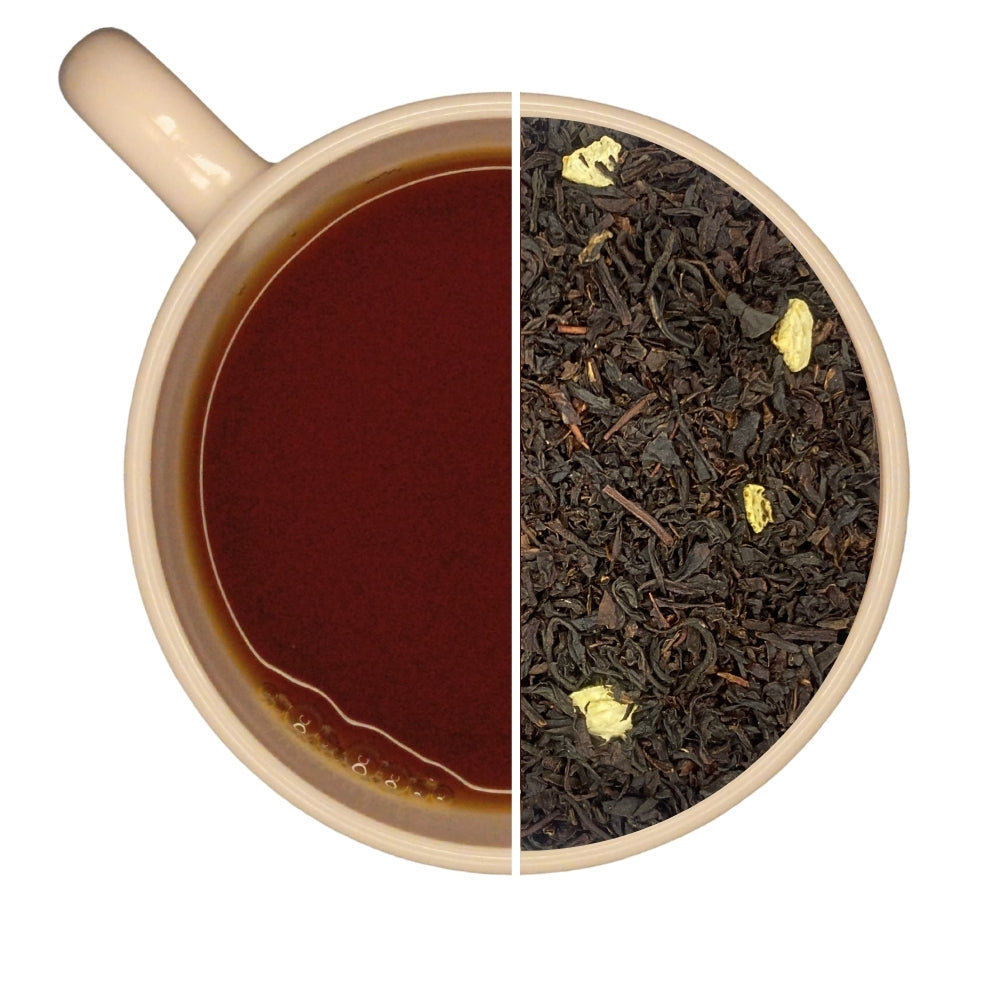 Tasse de thé infusé et vrac de thé noir EARL GREY DELUXE  aux agrumes, bergamote, orange sanguine, mandarine.
