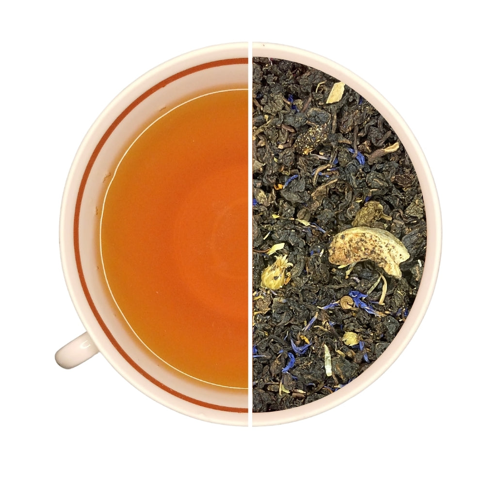 Tasse de thé infusé et vrac de thé oblong fruité BONHEUR TIBÉTAIN, pêche, figue, baies de goji, papaye.