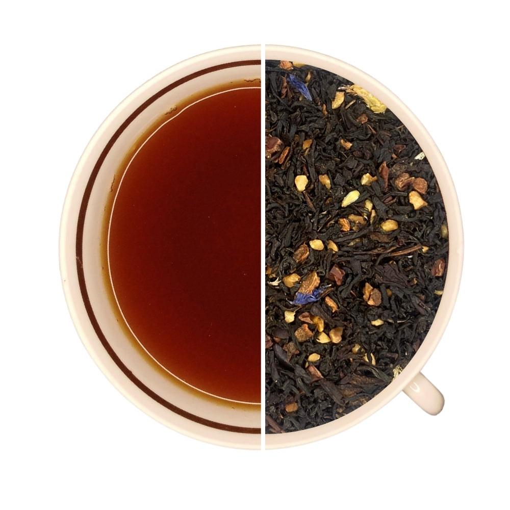 Tasse de thé infusé et vrac de thé noir ROASTED NUTS, noisette, cannelle, cacao, noix, vanille, bleuet