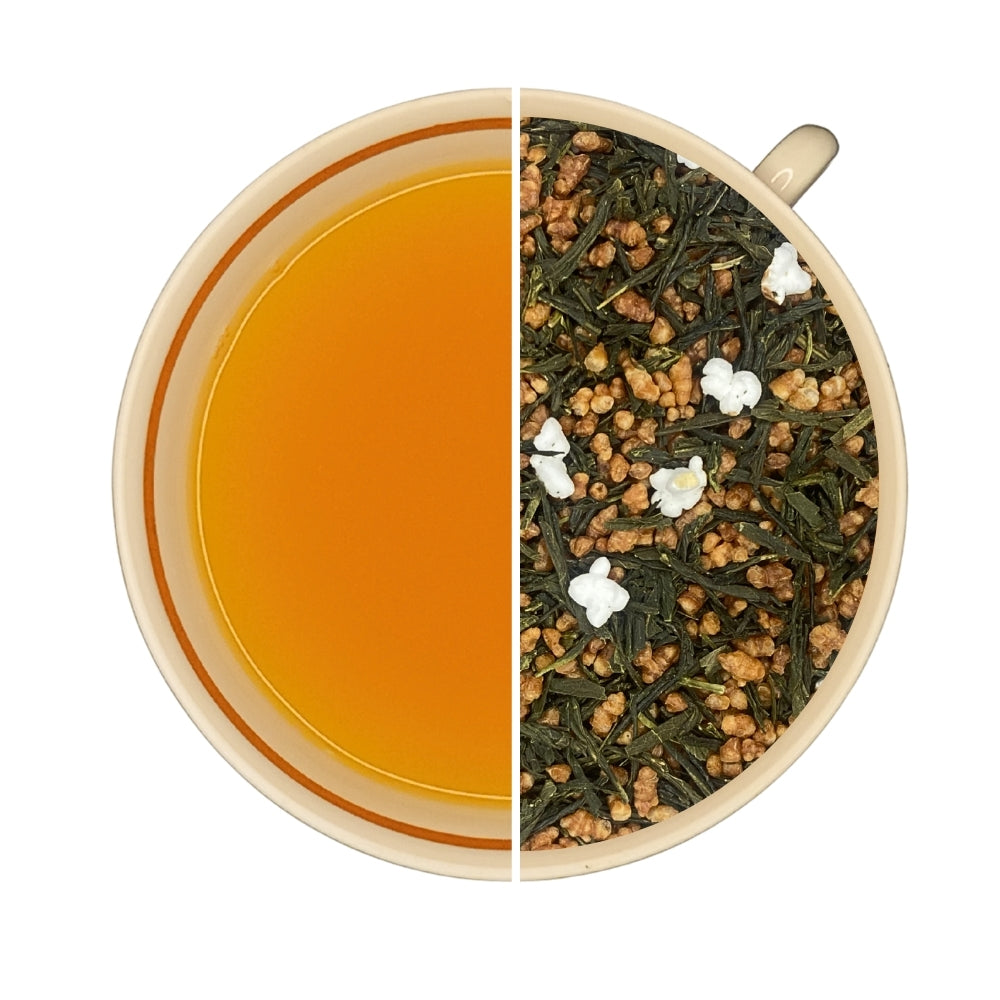 Tasse de thé infusé et vrac de thé vert bio du Japon GENMAICHA KAGOSHIMA, riz, maïs, pop corn, idéal pour le matin.