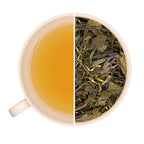 Sachet de thé vert et blanc bio Perle Blanche Teavora, litchi, fraise, rose, genièvre, léger et fruité, chaud ou froid.