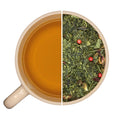 Tasse de thé infusé et vrac de thé vert et blanc FEU DU DRAGON, fruité et acidulé, hibiscus, pomme, citron, poivre rose, groseille.