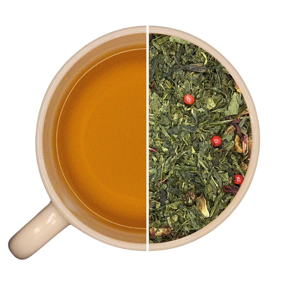 Tasse de thé infusé et vrac de thé vert et blanc FEU DU DRAGON, fruité et acidulé, hibiscus, pomme, citron, poivre rose, groseille.