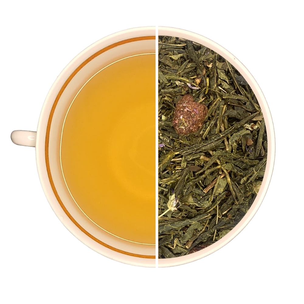 Tasse de thé infusé et vrac de thé vert et blanc FRAMBOISE VIOLETTE