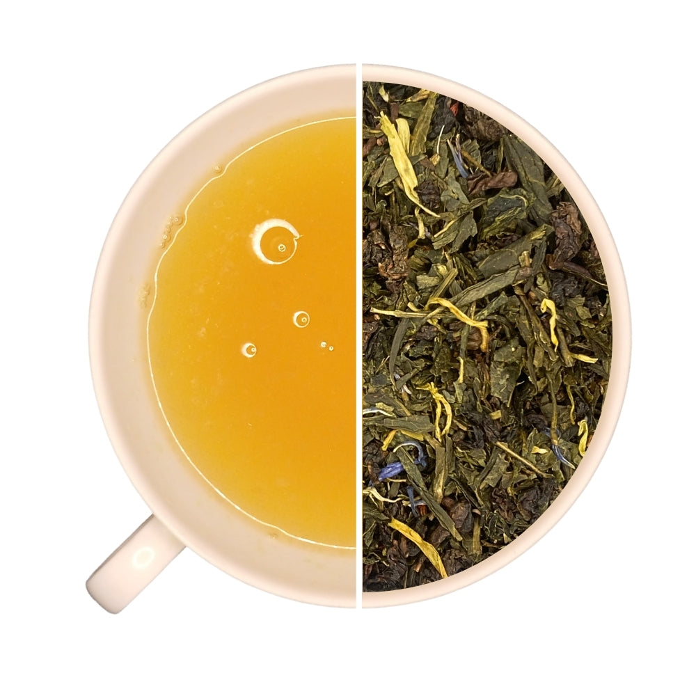 Tasse de thé infusé et vrac de thé vert EARL GREY RIVE GAUCHE, bergamote, fleur d'oranger.
