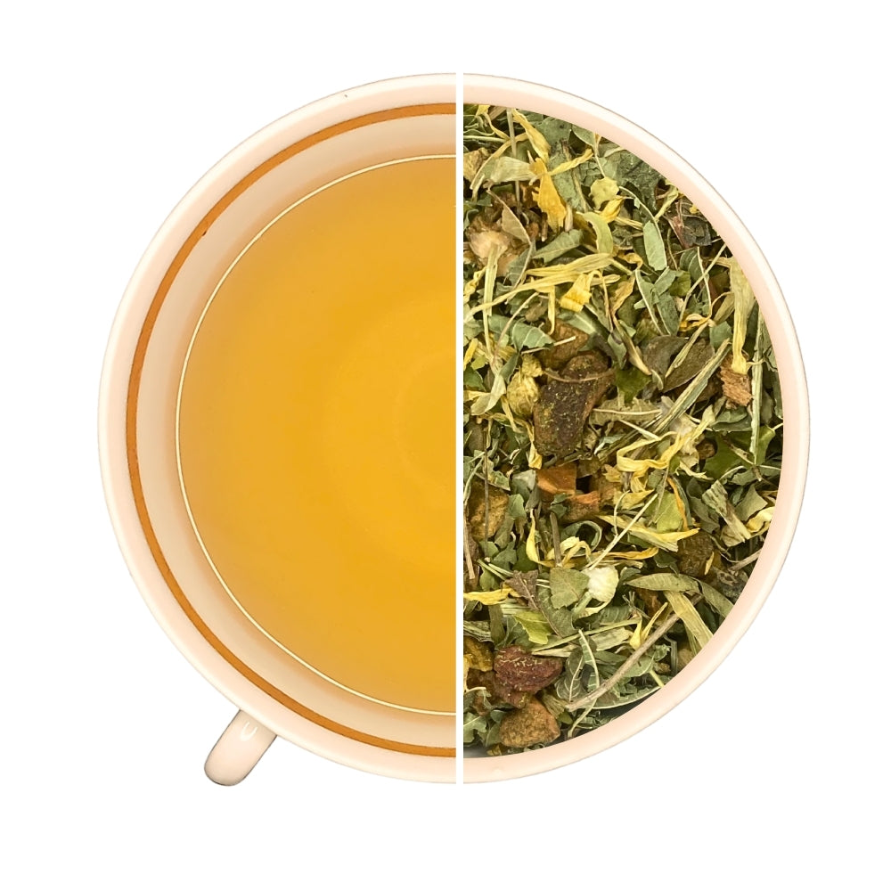 Tasse de thé infusé et vrac de thé vert et moringa GIVE ME POWER, pomme, citron, gingembre, ginseng, gingko.