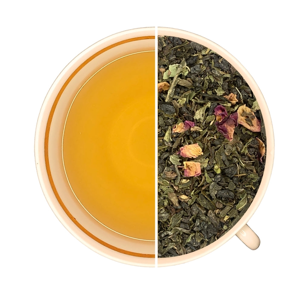 Tasse de thé infusé et vrac de thé vert JARDINS DE MOGADOR, menthe verte, pétales de rose.