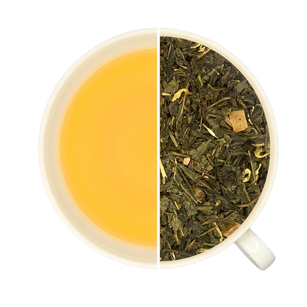 Tasse de thé infusé et vrac de thé vert fruité ROI SALOMON, mangue, abricot, pêche.