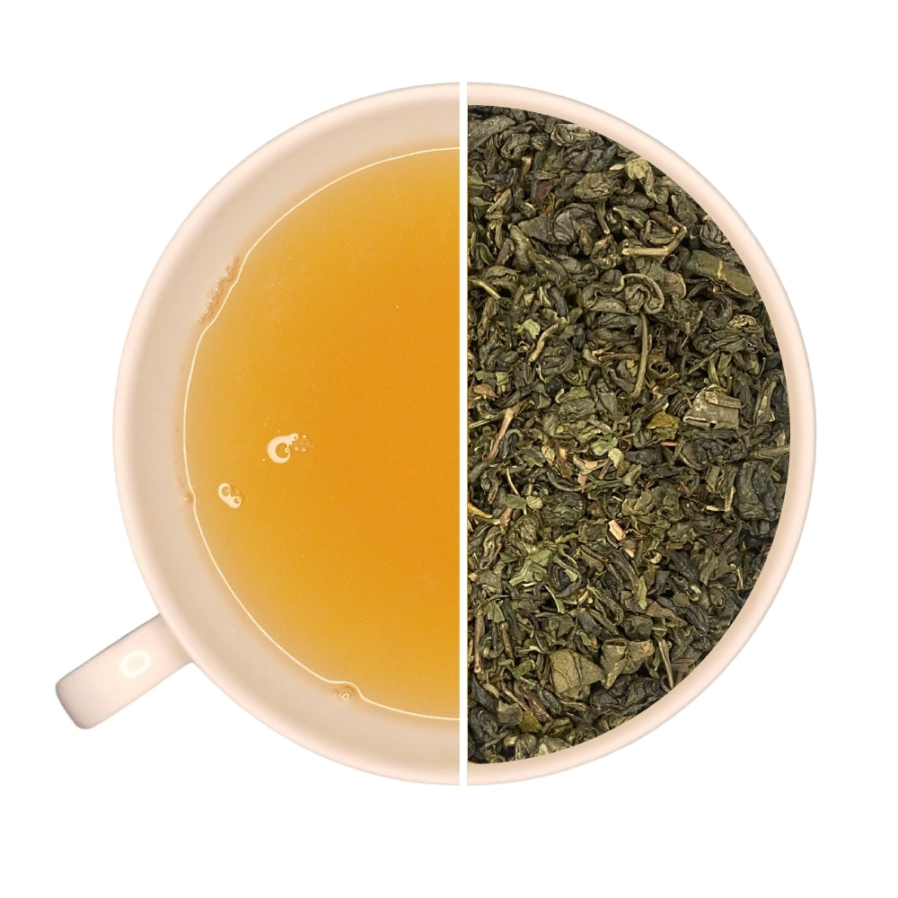 Tasse de thé infusé et vrac de thé vert gunpowder JARDIN D'AREZKI, menthe douce, menthe poivrée