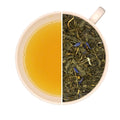 Tasse de thé infusé et vrac de thé vert L'HERBE BLEUE, figue, rhubarbe, datte, fruits rouges, fleur d'oranger, ,idéal en après-midi.