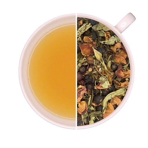 Tasse de thé infusé et vrac de thé vert oriental ASSIREM, fleurs, épices, fleur d’oranger, miel, rose, menthe.